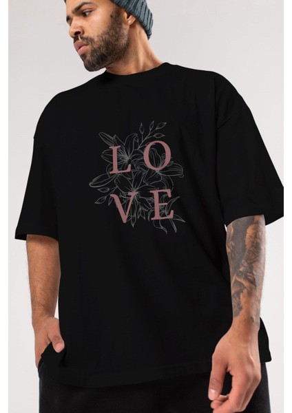 Love Yazılı Ön Baskılı Siyah Oversize T-Shirt Erkek Kadın Bisiklet Yaka fırsatları