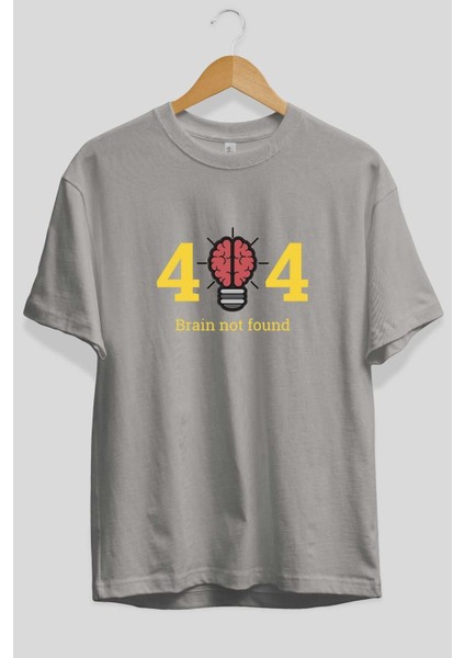 404 Brain Not Found Ön Baskılı Gri Oversize T-Shirt Unisex Erkek Kadın Bisiklet Yaka fiyatları
