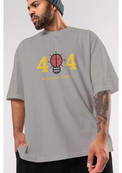 404 Brain Not Found Ön Baskılı Gri Oversize T-Shirt Unisex Erkek Kadın Bisiklet Yaka modelleri