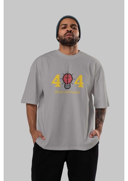 404 Brain Not Found Ön Baskılı Gri Oversize T-Shirt Unisex Erkek Kadın Bisiklet Yaka indirimleri