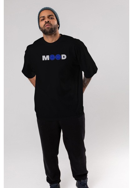 Mood Ön Baskılı Siyah Oversize T-Shirt Erkek Kadın Bisiklet Yaka modelleri