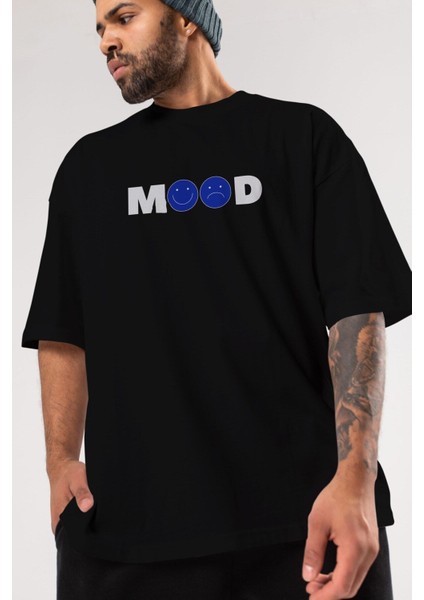 Mood Ön Baskılı Siyah Oversize T-Shirt Erkek Kadın Bisiklet Yaka indirimleri