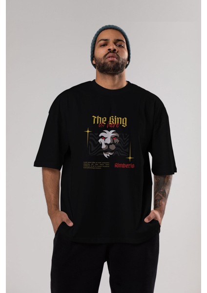 The King Is Here Yazılı Ön Baskılı Siyah Oversize T-Shirt Erkek Kadın Bisiklet Yaka