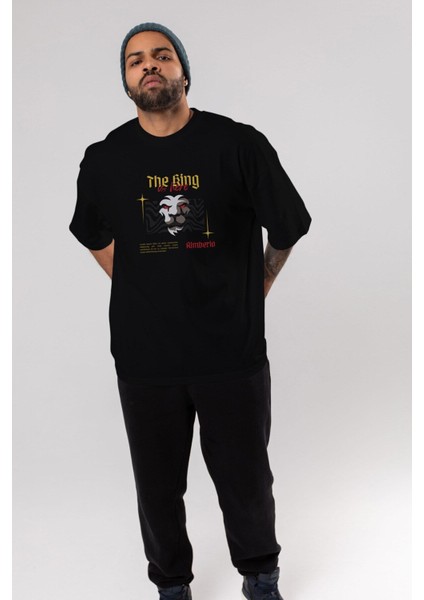The King Is Here Yazılı Ön Baskılı Siyah Oversize T-Shirt Erkek Kadın Bisiklet Yaka fırsatları