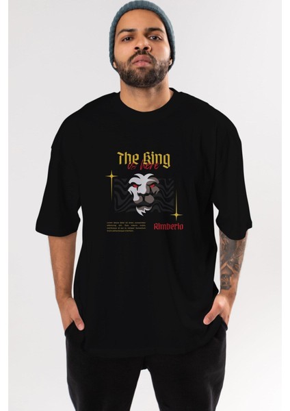 The King Is Here Yazılı Ön Baskılı Siyah Oversize T-Shirt Erkek Kadın Bisiklet Yaka indirimleri