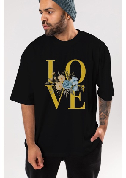 Love Flower Ön Baskılı Siyah Oversize T-Shirt Erkek Kadın Bisiklet Yaka