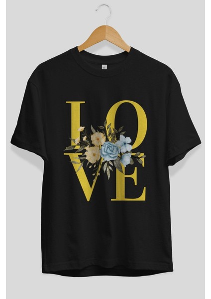 Love Flower Ön Baskılı Siyah Oversize T-Shirt Erkek Kadın Bisiklet Yaka fiyatları