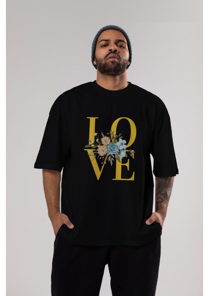 Love Flower Ön Baskılı Siyah Oversize T-Shirt Erkek Kadın Bisiklet Yaka modelleri
