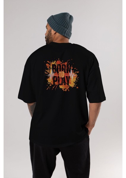 Born To Play Yazılı Arka Baskılı Siyah Oversize T-Shirt Erkek Kadın Bisiklet Yaka modelleri