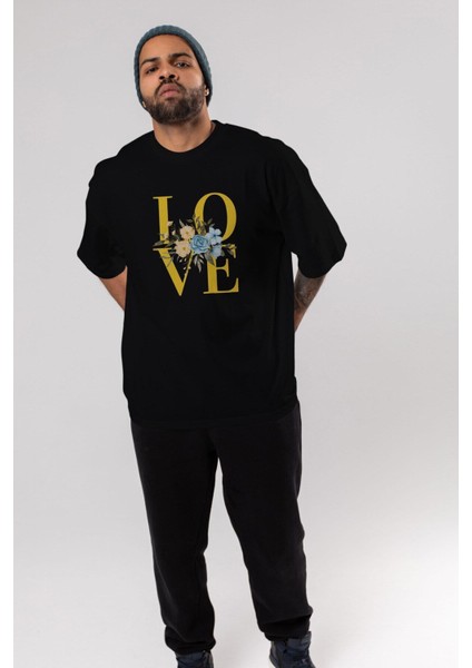 Love Flower Ön Baskılı Siyah Oversize T-Shirt Erkek Kadın Bisiklet Yaka fırsatları