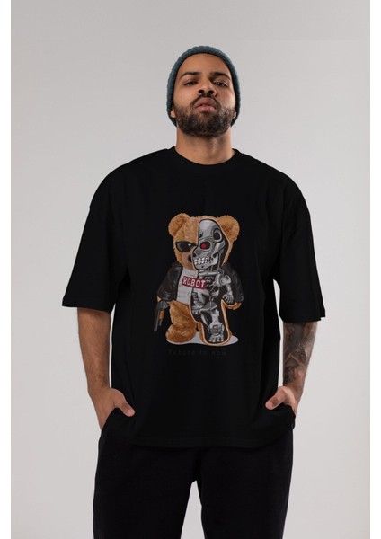 Teddy Bear Robot Ön Baskılı Siyah Oversize T-Shirt Erkek Kadın Bisiklet Yaka