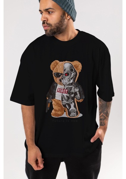 Teddy Bear Robot Ön Baskılı Siyah Oversize T-Shirt Erkek Kadın Bisiklet Yaka indirimleri