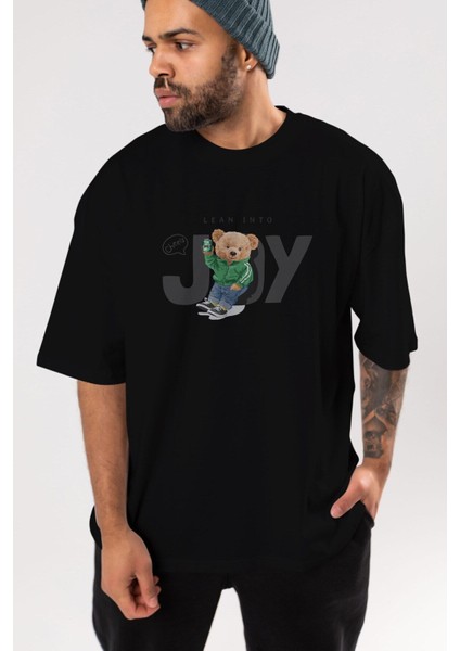 Teddy Bear Joy Ön Baskılı Siyah Oversize T-Shirt Erkek Kadın Bisiklet Yaka