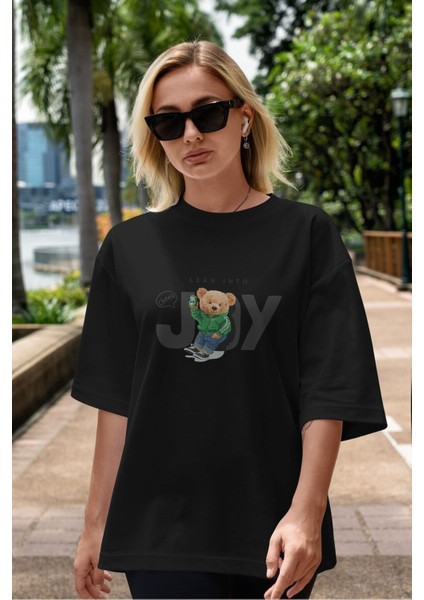 Teddy Bear Joy Ön Baskılı Siyah Oversize T-Shirt Erkek Kadın Bisiklet Yaka fiyatları