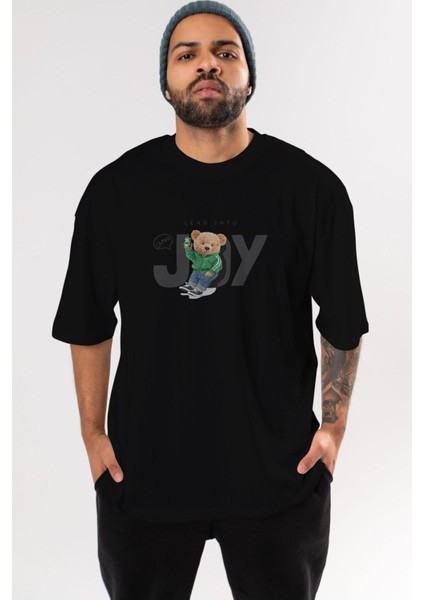 Teddy Bear Joy Ön Baskılı Siyah Oversize T-Shirt Erkek Kadın Bisiklet Yaka fırsatları