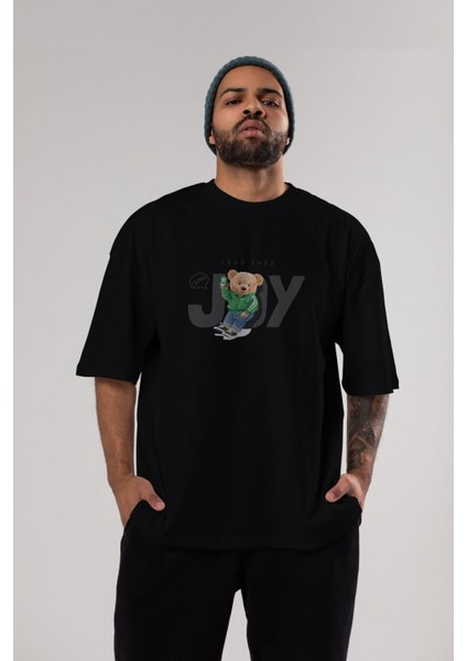 Teddy Bear Joy Ön Baskılı Siyah Oversize T-Shirt Erkek Kadın Bisiklet Yaka indirimleri