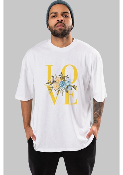 Love Flower Ön Baskılı Beyaz Oversize T-Shirt Erkek Kadın Bisiklet Yaka