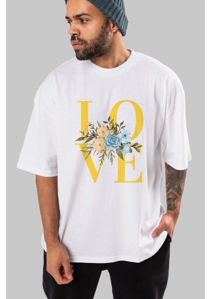 Love Flower Ön Baskılı Beyaz Oversize T-Shirt Erkek Kadın Bisiklet Yaka fiyatları
