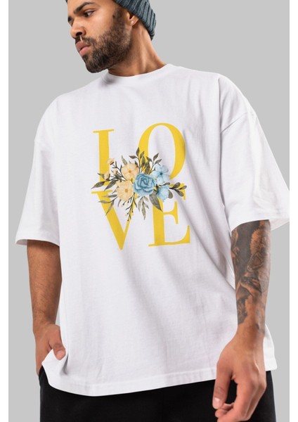 Love Flower Ön Baskılı Beyaz Oversize T-Shirt Erkek Kadın Bisiklet Yaka fırsatları