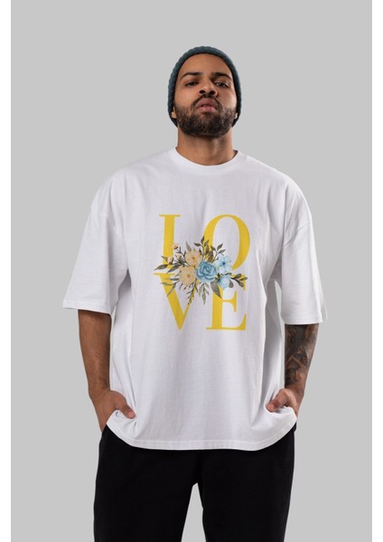 Love Flower Ön Baskılı Beyaz Oversize T-Shirt Erkek Kadın Bisiklet Yaka indirimleri