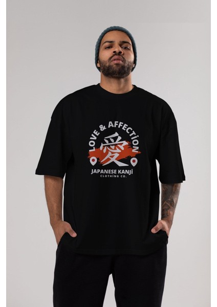 Love Affection Japanese Ön Baskılı Siyah Oversize T-Shirt Erkek Kadın Bisiklet Yaka