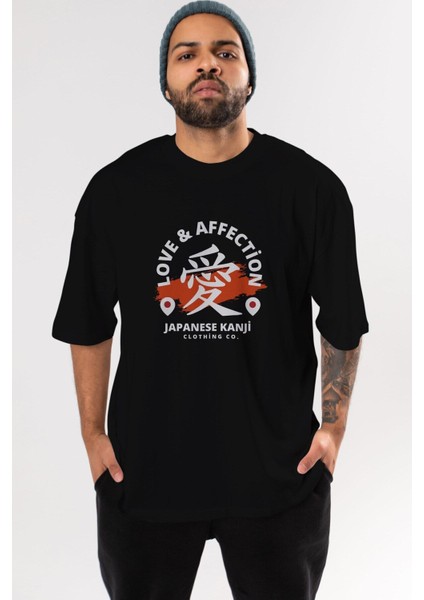 Love Affection Japanese Ön Baskılı Siyah Oversize T-Shirt Erkek Kadın Bisiklet Yaka modelleri