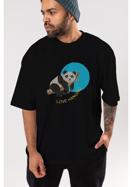 Panda Love Hanging Ön Baskılı Siyah Oversize T-Shirt Erkek Kadın Bisiklet Yaka