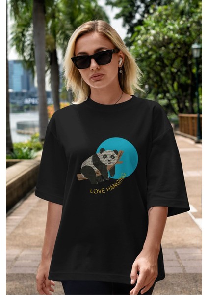 Panda Love Hanging Ön Baskılı Siyah Oversize T-Shirt Erkek Kadın Bisiklet Yaka fiyatları