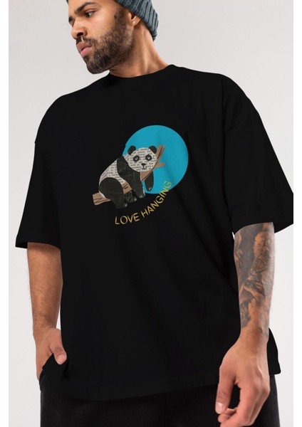 Panda Love Hanging Ön Baskılı Siyah Oversize T-Shirt Erkek Kadın Bisiklet Yaka modelleri