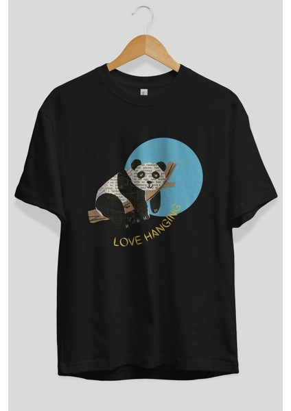 Panda Love Hanging Ön Baskılı Siyah Oversize T-Shirt Erkek Kadın Bisiklet Yaka fırsatları