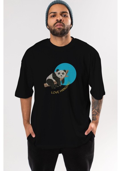 Panda Love Hanging Ön Baskılı Siyah Oversize T-Shirt Erkek Kadın Bisiklet Yaka indirimleri