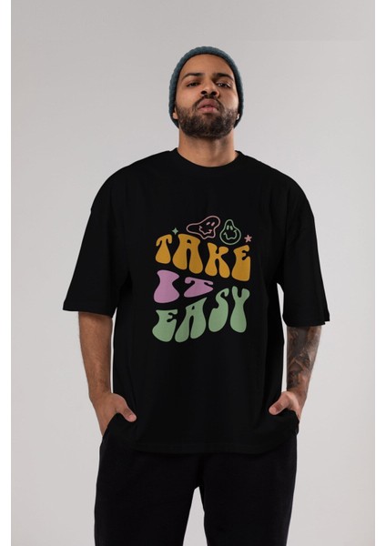 Take It Easy Yazılı Ön Baskılı Siyah Oversize T-Shirt Erkek Kadın Bisiklet Yaka