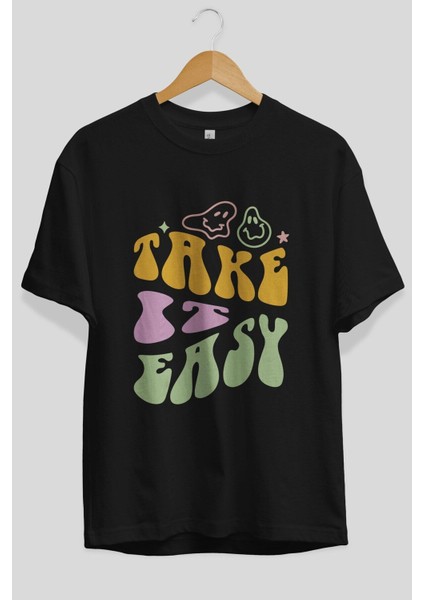 Take It Easy Yazılı Ön Baskılı Siyah Oversize T-Shirt Erkek Kadın Bisiklet Yaka fiyatları