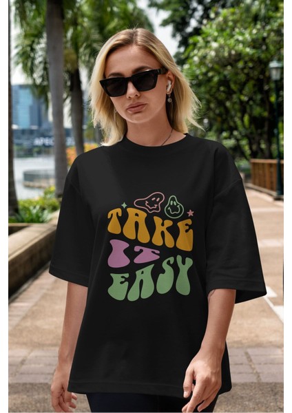 Take It Easy Yazılı Ön Baskılı Siyah Oversize T-Shirt Erkek Kadın Bisiklet Yaka modelleri