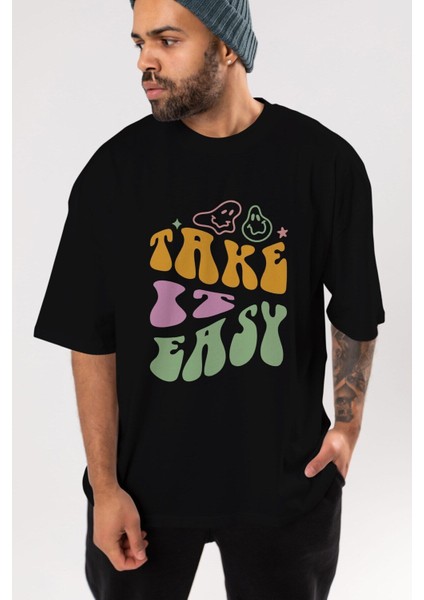 Take It Easy Yazılı Ön Baskılı Siyah Oversize T-Shirt Erkek Kadın Bisiklet Yaka fırsatları