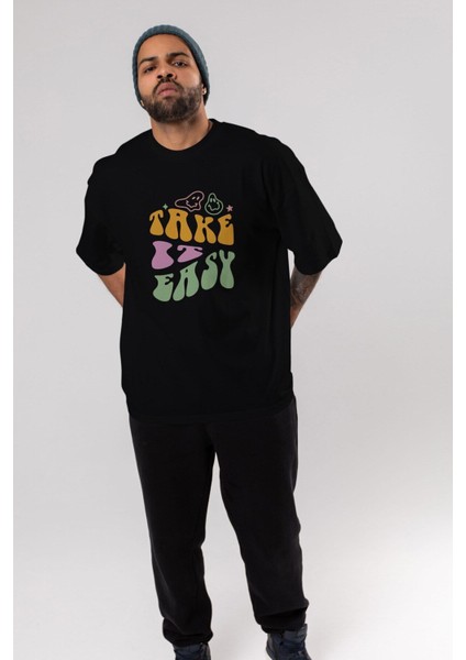 Take It Easy Yazılı Ön Baskılı Siyah Oversize T-Shirt Erkek Kadın Bisiklet Yaka indirimleri