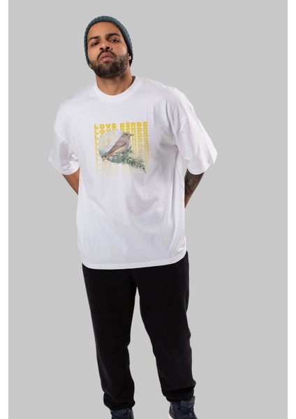 Love Birds Yazılı Ön Baskılı Beyaz Oversize T-Shirt Erkek Kadın Bisiklet Yaka