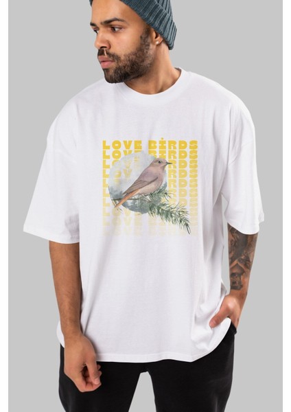 Love Birds Yazılı Ön Baskılı Beyaz Oversize T-Shirt Erkek Kadın Bisiklet Yaka modelleri