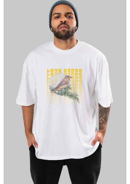 Love Birds Yazılı Ön Baskılı Beyaz Oversize T-Shirt Erkek Kadın Bisiklet Yaka fırsatları