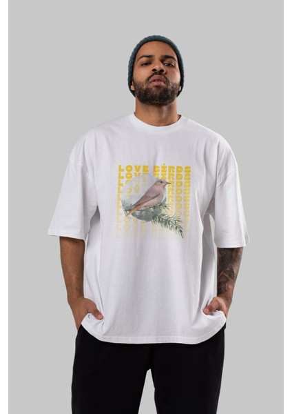 Love Birds Yazılı Ön Baskılı Beyaz Oversize T-Shirt Erkek Kadın Bisiklet Yaka indirimleri