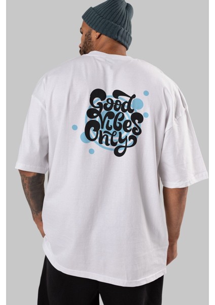 Good Vibes Only Yazılı Arka Baskılı Beyaz Oversize T-Shirt Erkek Kadın Bisiklet Yaka fiyatları