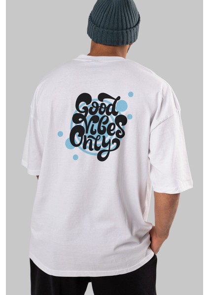 Good Vibes Only Yazılı Arka Baskılı Beyaz Oversize T-Shirt Erkek Kadın Bisiklet Yaka fırsatları
