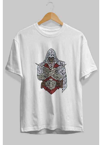 Assassins Ön Baskılı Beyaz Oversize T-Shirt Erkek Kadın Bisiklet Yaka