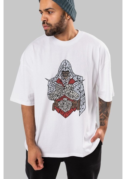 Assassins Ön Baskılı Beyaz Oversize T-Shirt Erkek Kadın Bisiklet Yaka modelleri