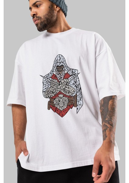 Assassins Ön Baskılı Beyaz Oversize T-Shirt Erkek Kadın Bisiklet Yaka indirimleri