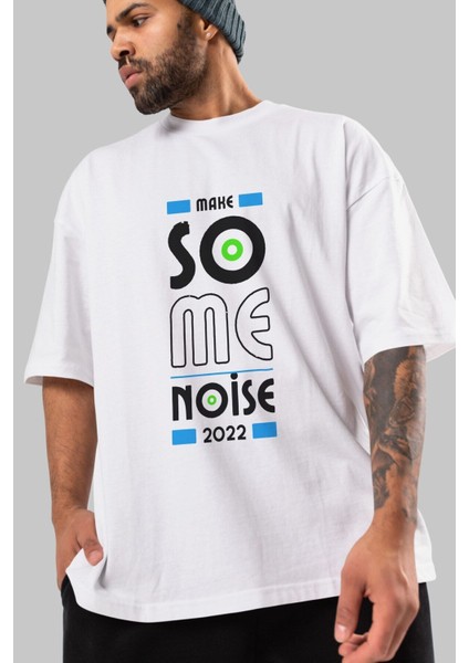 Make Some Noise Ön Baskılı Beyaz Oversize T-Shirt Erkek Kadın Bisiklet Yaka