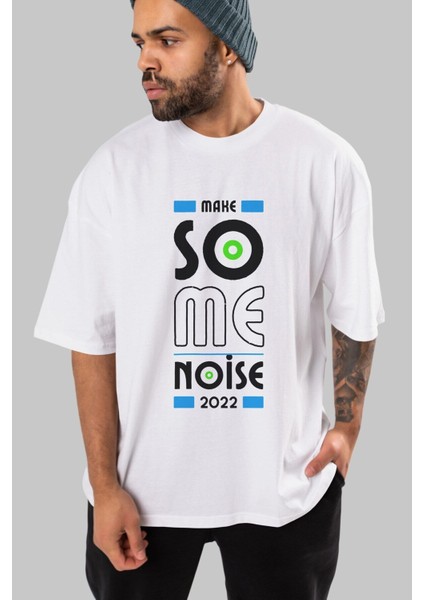 Make Some Noise Ön Baskılı Beyaz Oversize T-Shirt Erkek Kadın Bisiklet Yaka modelleri