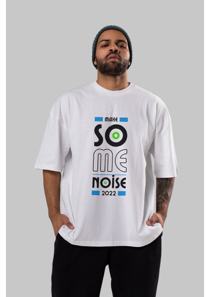Make Some Noise Ön Baskılı Beyaz Oversize T-Shirt Erkek Kadın Bisiklet Yaka fırsatları