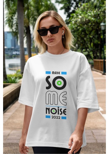 Make Some Noise Ön Baskılı Beyaz Oversize T-Shirt Erkek Kadın Bisiklet Yaka indirimleri