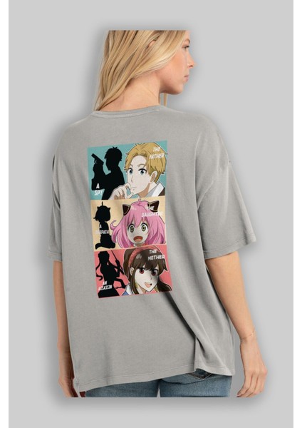 Spy x Famıly Anime Arka Baskılı Gri Oversize T-Shirt %100 Pamuk Erkek Kadın